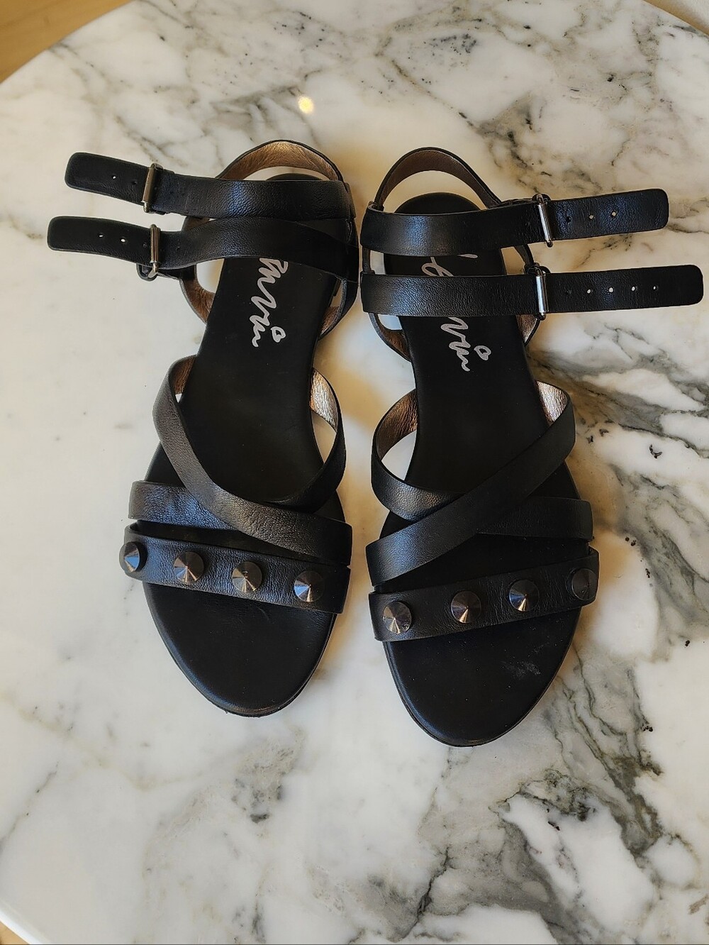 Lanvin Black Leather Studded Strappy Sandals with Ankle Buckles